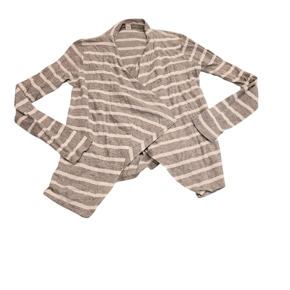 J.Crew Striped Draped Cardigan Women’s XS Gray White Open Front Long Sleeve